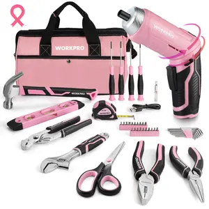 #JumpstartSale WORKPRO 53-Count Pink Tool set with Electric Cordless Screwdriver, Basic Tool Kit Set for Women with 13'' Portable Tool Bag for DIY Home Repair/Maintenance - Pink Ribbon
