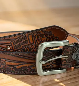 Men's Tooled Western Engraved Leather Belt 100% Genuine Full Grain Cowhide Belt Strap Cowboy 1.5" Wide Embossed Leather Snap-On Belt