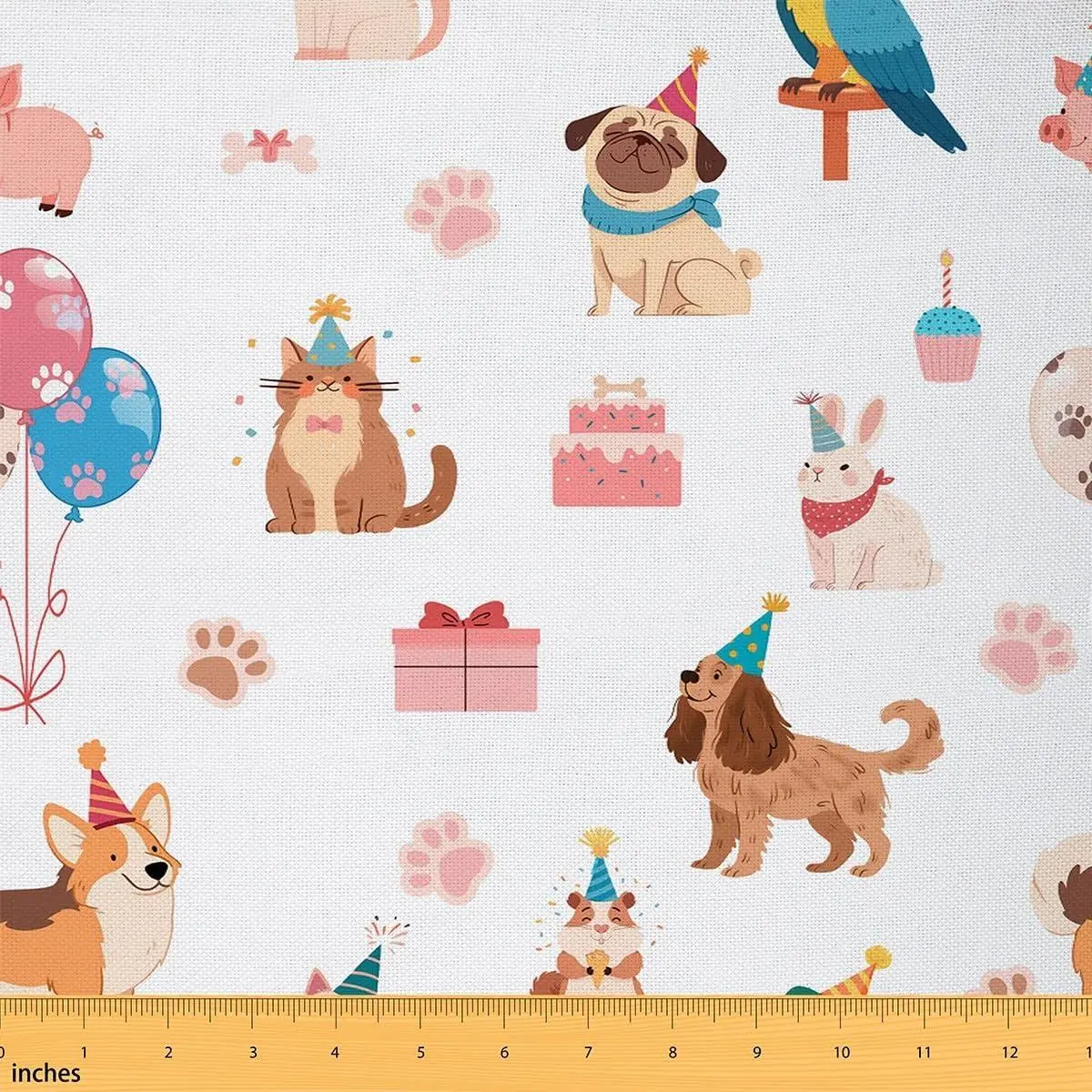 Cute Dogs Fabric Kawaii Pet Puppy Sweet Cake No Stretch Fabric Lovely Paw Print Happy Birthday Theme Soft Flannel Polyester Fabric DIY Projects Pre-Cut