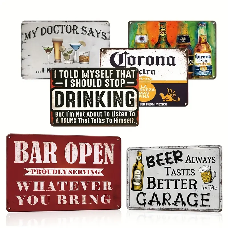 6pcs Vintage Iron Tin Sign Set - 12x8 inches Retro Finish Vintage Set, Home Decor Plaques for Beer Lovers' Mancave, Wardrobe & Study Wall Decor, Creative Small Home Supplies Gift