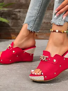 2026 Summer New Heeled Sandals, Luxury Rhinestone Chain Decor, Retro Rivet Details, High Heel Grass Mat Bottom, Comfortable & Stylish, Women