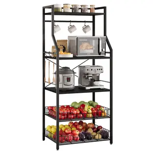 【GARVEE】Kitchen Bakers Rack and Microwave Stand with 5-Tier Storage Shelves, 2 Large Wire Baskets, 8 Hooks, Industrial Coffee Bar Station Design, Adjustable Feet, Anti-Tip Kit, Available in Black, Brown, Rustic Gray
