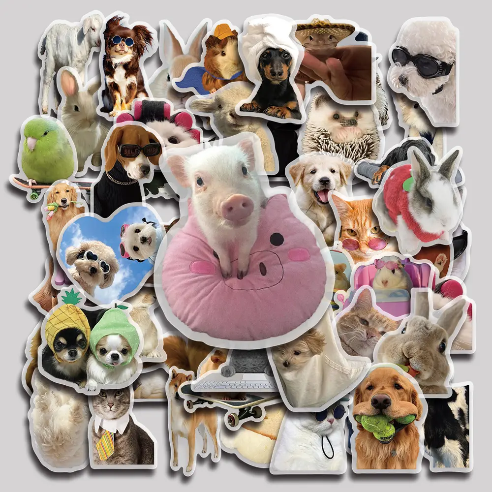 50PCS Assorted Cartoon Die-Cut Cute Pet Aesthetic Waterproof Vinyl Adhesive Labels & Stickers, Self-Adhesive Pack for Laptop, Phone, Water Bottle
