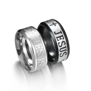 Unisex Stainless Steel Jesus Cross Ring - European-Style Costume Jewelry, 5 Color Options, Letter Engraving, Everyday Fashion Accessory