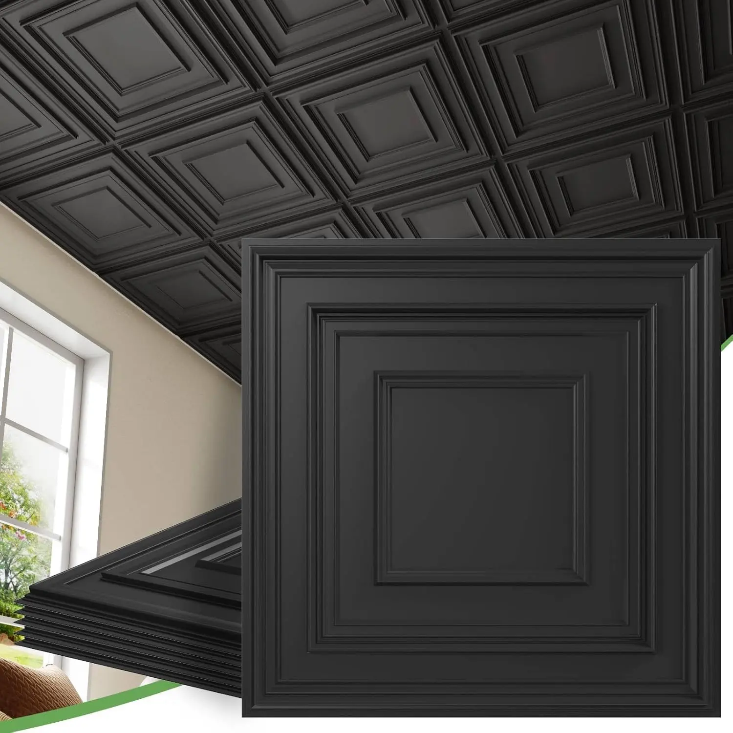LOOYEE 24 PCS 2x2Ft Premium Black PVC 3D Decorative Drop Ceiling Tiles (96 Sq.Ft), Home Improvement Building Supplies with Easy Installation, Paintable PVC for Decor Matching, Waterproof for Damp Areas, Easy DIY Ceiling Upgrade, Premium Material, Paintabl