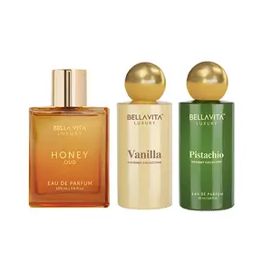 Guilty Pleasure by BellaVita Luxury | 3x100 ml Perfume Set | Honey Oud, Vanilla & Pistachio | Luxury Unisex Perfume for Men & Women | Long Lasting Eau De Parfum with Patchouli, Vanilla, Bergamot, Fruity, Floral, Sweet & Woody Notes | Vegan & Cruelty Free