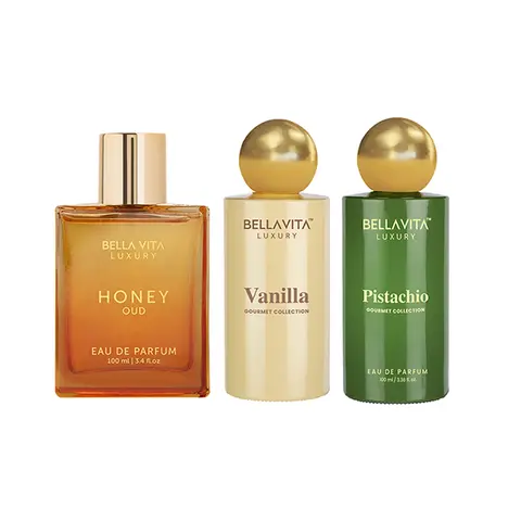 Guilty Pleasure by BellaVita Luxury | 3x100 ml Perfume Set | Honey Oud, Vanilla & Pistachio | Luxury Unisex Perfume for Men & Women | Long Lasting Eau De Parfum with Patchouli, Vanilla, Bergamot, Fruity, Floral, Sweet & Woody Notes | Vegan & Cruelty Free