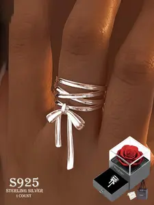 S925 Sterling Silver Cute Bowknot Design Ring, Adjustable Stackable Ring for Women & Girls, Fashion Jewelry for Party, Daily Decor, Trendy All-match & Exquisite Jewelry for Birthday Gift