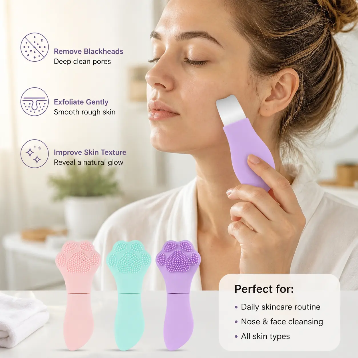 Silicone Facial Cleansing Brush, Dual-Ended Exfoliator Tool for Gentle Pore Cleansing and Blackhead Removal, Lightweight Paw Design, Beauty Products