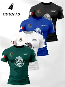 Men's Multi-Pack Premium Polyester Round Neck T-Shirt Set, Mexican Theme Letter Flag Print Design, Comfortable Short Sleeve Casual Wear