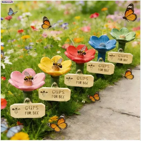 Whimsical 3-Piece Blue-Yellow-Pink Bee Drinking Fountain Set - Ceramic Dish (Yellow), Shallow Depth for Safe Hydration, Backyard Gardens Pollinator Aid for Butterfly and Bird Enthusiasts, Eco-Friendly