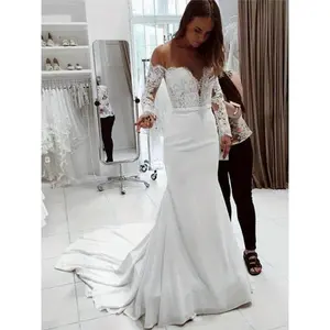 Elegant off-shoulder lace long-sleeve wedding dress with a backless design and belted waist—floor-length bridal gown for women, perfect for weddings and formal events; basic white minimalist solid bridal wear for brides.
