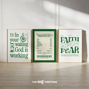 Set of 3 Christian Wall Art Green, Faith Over Fear Wall Art, Salvation Print, Retro Bible Verse Poster, Trendy Wall Art, Y2k Room Decor Gift
