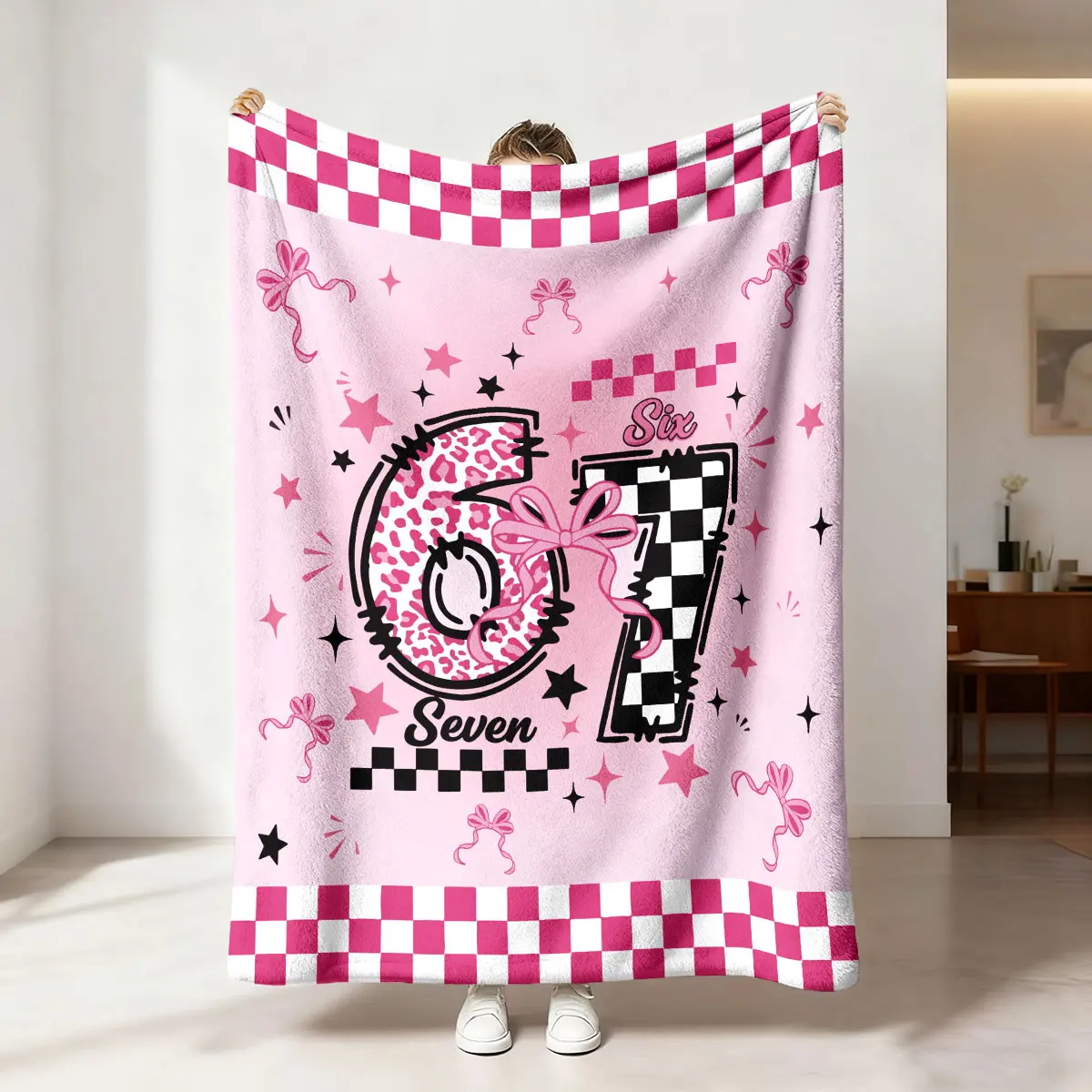 1 piece 67 hot stem pink black star bow with pink and white checkerboard element flowers soft and comfortable boys and girls bedroom living room sofa cover blanket camping blanket Plaid Pattern Blanket