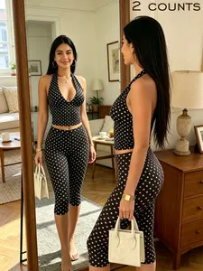 Women's 2 Pack Polka Dot Tank Tops, Halter Neck Deep V Crop Top & High Waisted Capri Leggings, Y2K Retro Streetwear for Summer