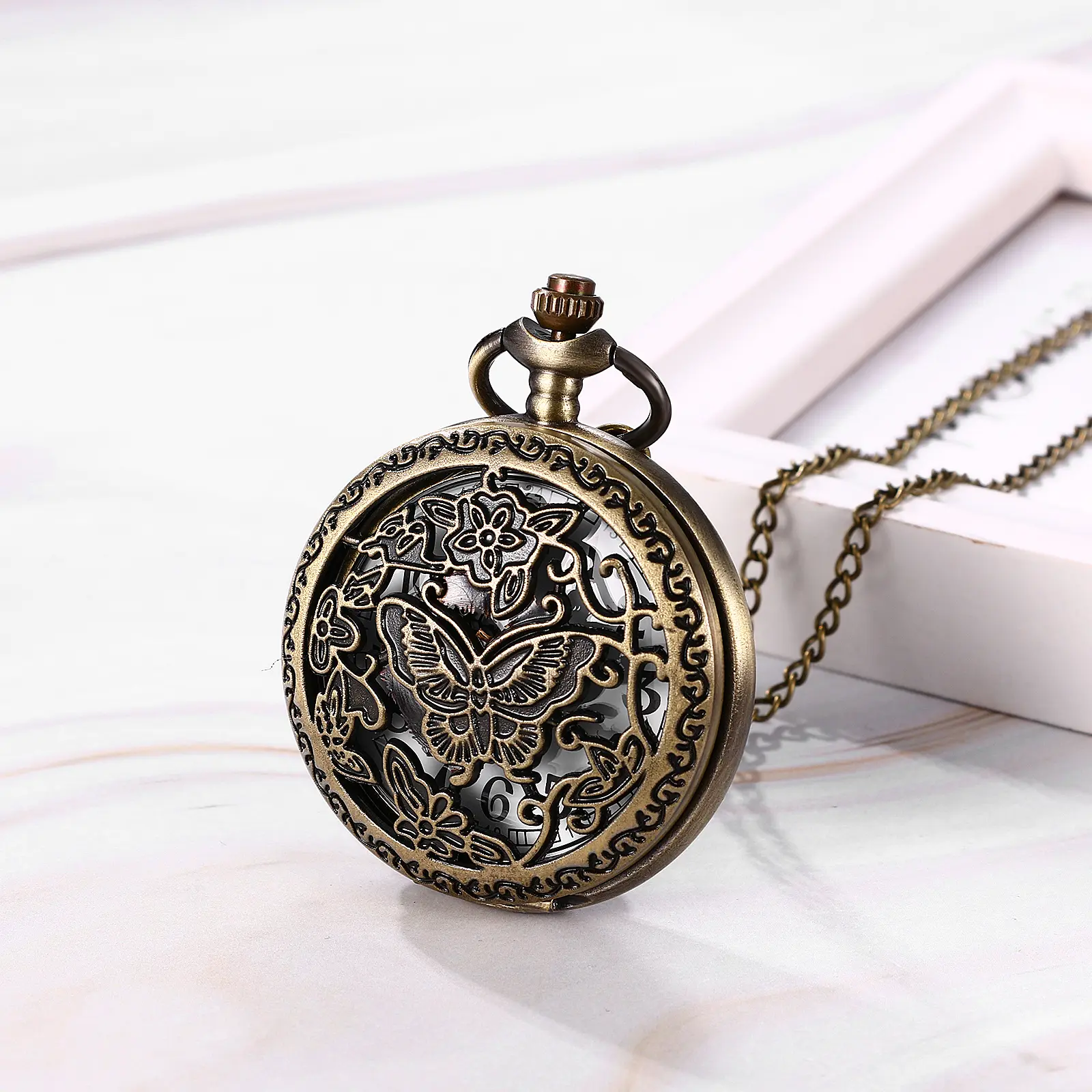 OIDEA Men's Butterfly Cutout Fob Pocket Watch with Quartz Move, Eco-Alloy Fob Neckchain, Suitable for Casual-Formal Occasions