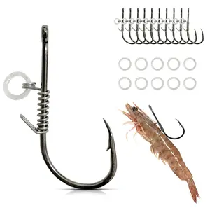 Fishing Live Shrimp Holder Hook Set - Carbon Steel 3X Corrosion Resistant Hook for Snnok, Tarpon, Catfish, Snapper, Includes 10pcs Carbon Steel Hooks & 10pcs Extra Rubber Ring