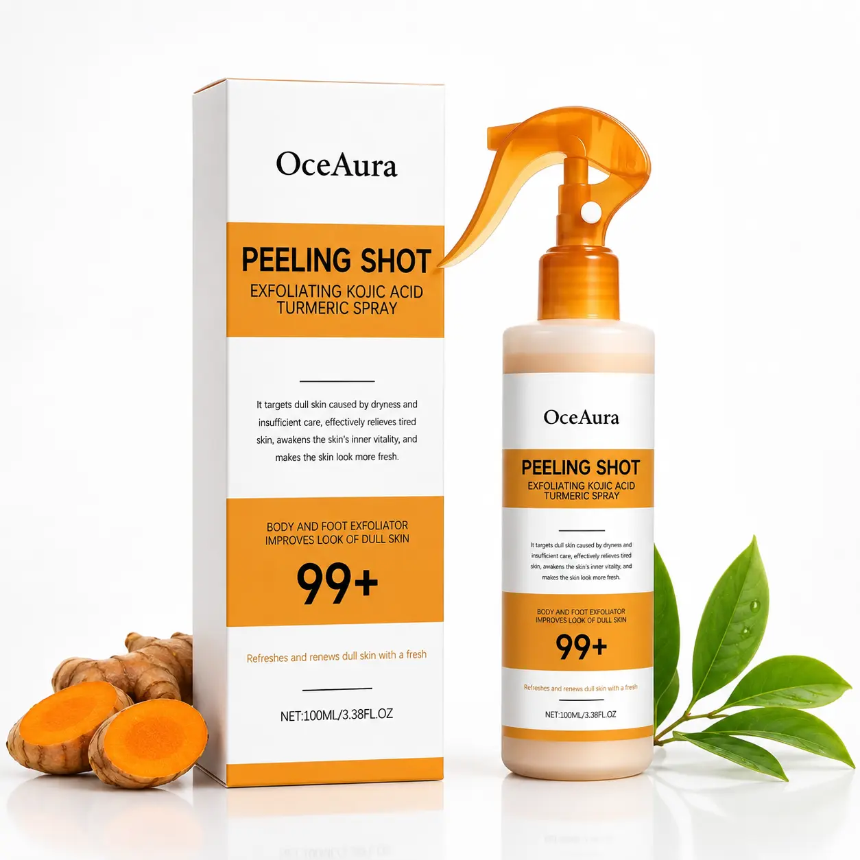 OceAura Peeling Shot Exfoliating Spray with Kojic Acid and Turmeric, 100 mL Body and Foot Exfoliator for Dry, Rough, Uneven and Dull-Looking Skin moisturizer face exfoliante de naranja gel nontoxic cosmetics Body Care