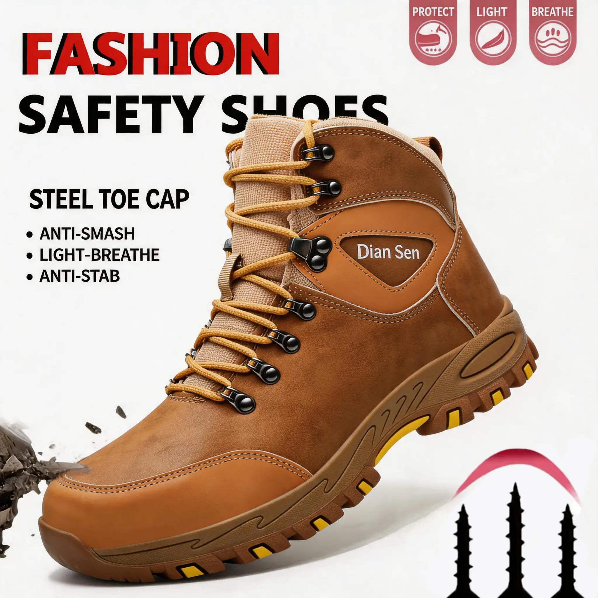 Men's Comfortable Anti-Smashing Safety Work Boots Breathable Water-Repellent Steel Toe Puncture-Proof Safety Shoes Fashion Sports Labor Protection Shoes for Outdoor and Warehouse Use