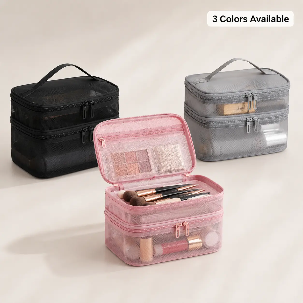 High-Capacity Durable Double-Layer Mesh Makeup Organizer Bag - Makeup Pouch with Multi-Compartment Mesh Design, Dual Zipper Pockets, Portable Home & Travel Toiletry Storage Case for Travelers