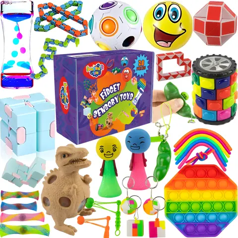 28 pcs Fidget Toys Pack, Party Favors, Autism Sensory Toys, Silent ADHD Toys for Boys & Girls, Squishy Figette Toys for Sensory Relief / Focus