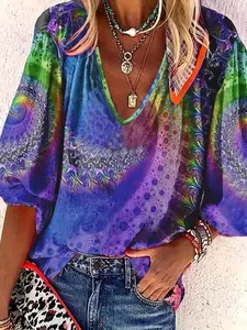 Plus Size All Over Paisley Print Button Front Blouse, Fitted Boho Bohemian Bishop Sleeve Notched Neck Top for Spring & Fall, Women's Plus Clothes for Daily Wear Shirt