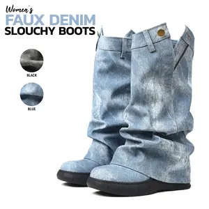 Womens Denim Slouch Boot Round Toe Folding Boots For Women Vintage Fashion Heightened Platform Mid Calf Jean Boot Trendy Shoes
