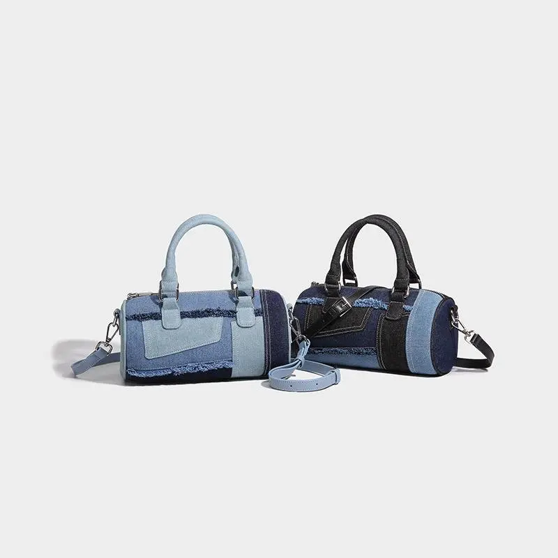 RIVERICH Featuring a niche design and patchwork denim diagonal bowling bag, the 2024 Fall New Versatile Boston Pillow Bag Purse Style shoulder bags crossbodybagwomen work bag