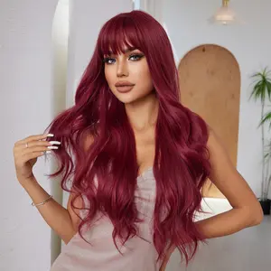 Long Wavy Burgundy Red Wig with Bangs Soft Natural Look Beginner Friendly High-Quality Synthetic Hair for Everyday Wear heat resistant wig high-temperature synthetic fiber beginner  wigs comfortable daily wear