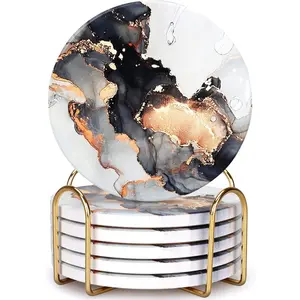 6 count Black Marble Abstract Ceramic Coasters with Holder  Round Drink Absorbent Coaster for Desk, Lounge, Coffee Table, , Beverage, Bar Coasters Set