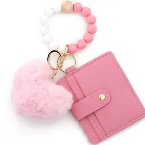 Silicone Beaded Wristlet Wallet Keychain Set for Women Cute ID Holder with Pom Pom Charm Minimalist Mini Wallet for Keys Cards and Cash 5 Trendy Colors Essential Credit Card Bag