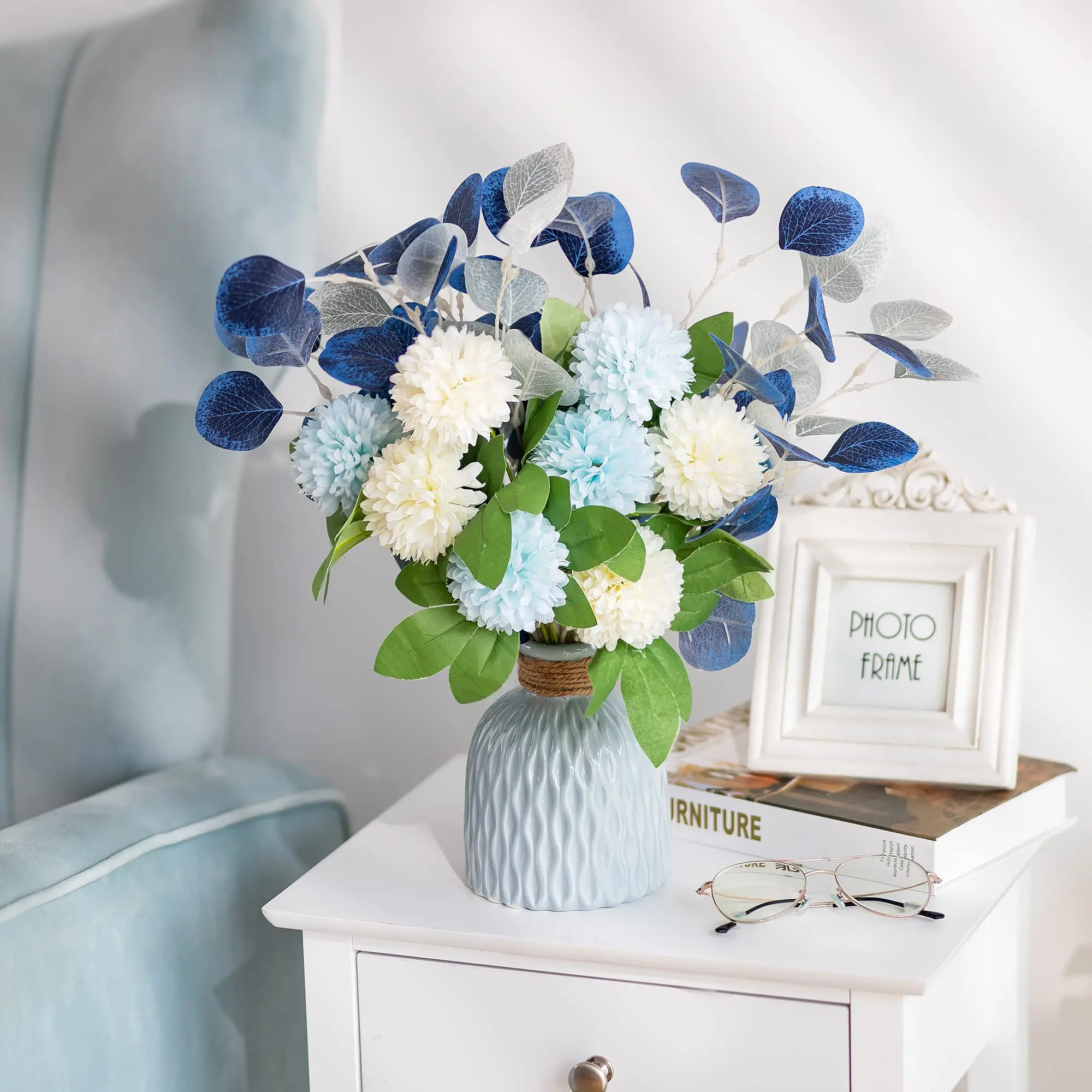 Fake Flowers in Vase Decoration Artificial Silk Flower Bouquet with Vases for Table Centrepiece Decor Blue Ceramic Vase Faux Floral Arrangement Display for Garden Wedding Party Living Room Window