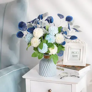 Fake Flowers in Vase Decoration Artificial Silk Flower Bouquet with Vases for Table Centrepiece Decor Blue Ceramic Vase Faux Floral Arrangement Display for Garden Wedding Party Living Room Window