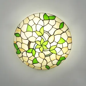 Aeyee Baroque Tiffany Lamp with Green Leaf Pattern Stained Glass Ceiling Hanging Light Tiffany Style Ceiling Lamp