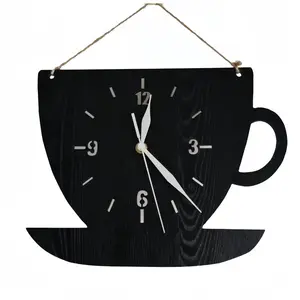 Coffee Cup Theme Wooden Wall Clock, Wall Mounted, Creative Decor Simple Wood Grain Design, Suitable for Cafe Bedroom Living Room Office Kitchen