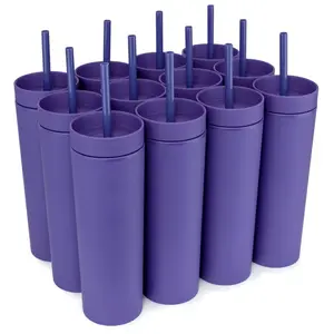 12 Blank Skinny Purple Tumblers 16oz Colored Pastel Acrylic Matte Plastic Cups in Bulk w/Lids, Straws, Cleaning Brush! DIY Customizable - Tumbler for sublimation, Blank Sublimation Tumbler, Blank Tumbler, Tumbler Gifts