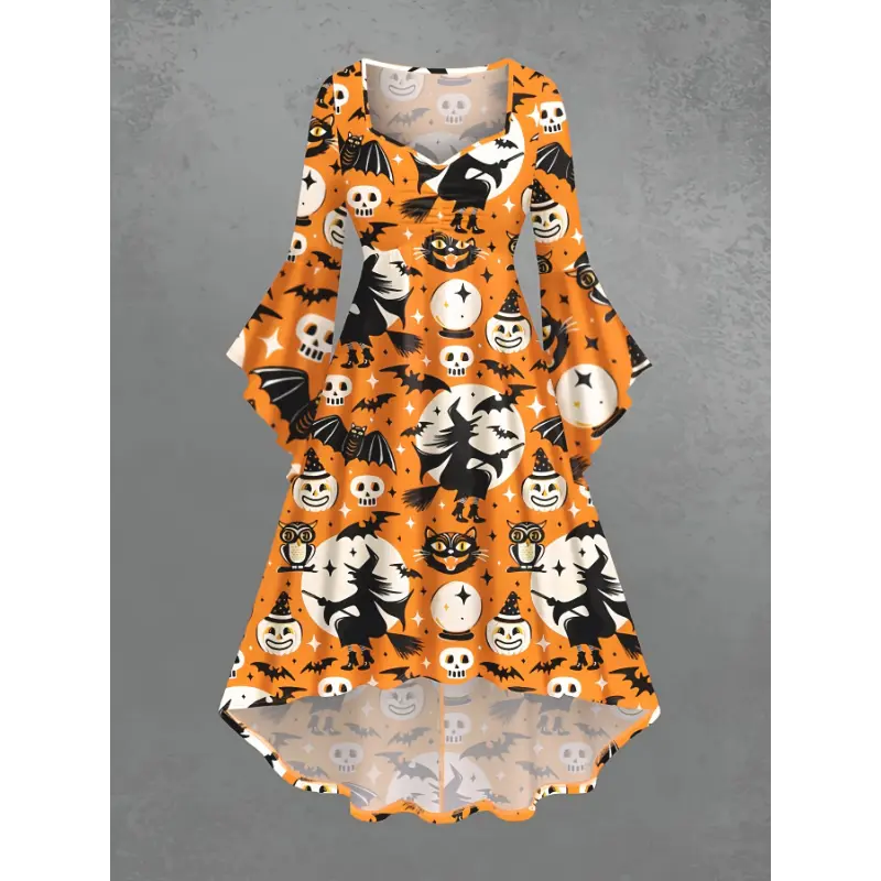 Unique Festive Halloween Asymmetrical Ruched Dress with Gothic Pumpkin, Skull, Bat, Witch, Moon, Cat, Owl Print - LY283