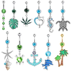 Turtle Seahorse Dolphin Dangle Belly Button Rings for Women Stainless Steel Belly Ring Boat Anchor Tree Leaf Shell Dangling Piercing Jewelry