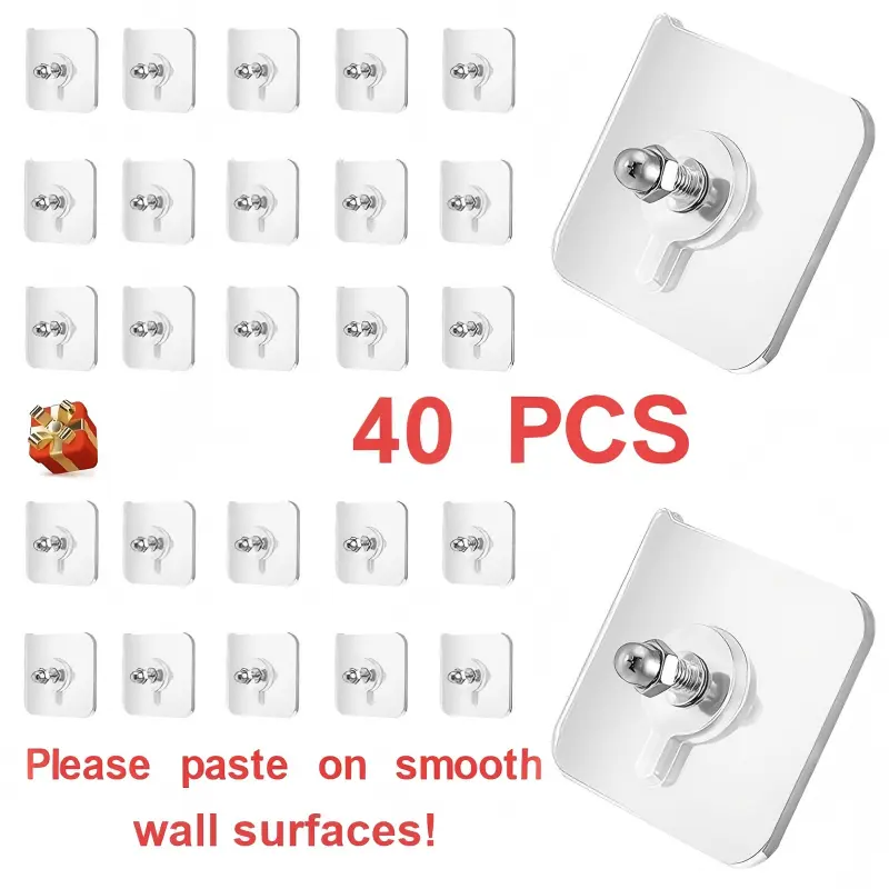40-Piece Strong Adhesive Storage Hooks - Hangable No-Drill No-Nail Wall Hanger, Home Organizer for Smooth Surfaces, Ideal for Picture Hanging