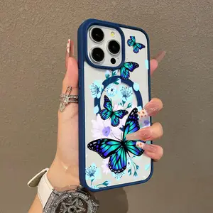 Butterfly Floral Pattern Premium Magnetic Phone Cases foriPhone 17 pro max  iPhone 16 15 14 Pro Max 13 12 11 Plus Smartphone Shockproof Protection Acrylic Cover Cellphone Protective magsafe magnetic case Aesthetic Resistance Casing Protector