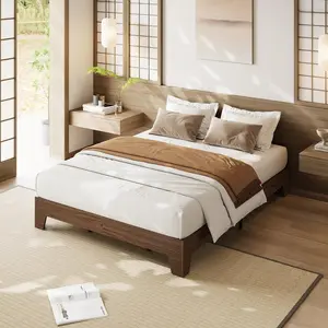 Garvee 10 Inch Queen Size Wood Platform Bed with Wooden Slats, Natural Walnut Finish, No Box Spring Needed, Easy Assembly, Minimalist Design for Bedroom Furniture