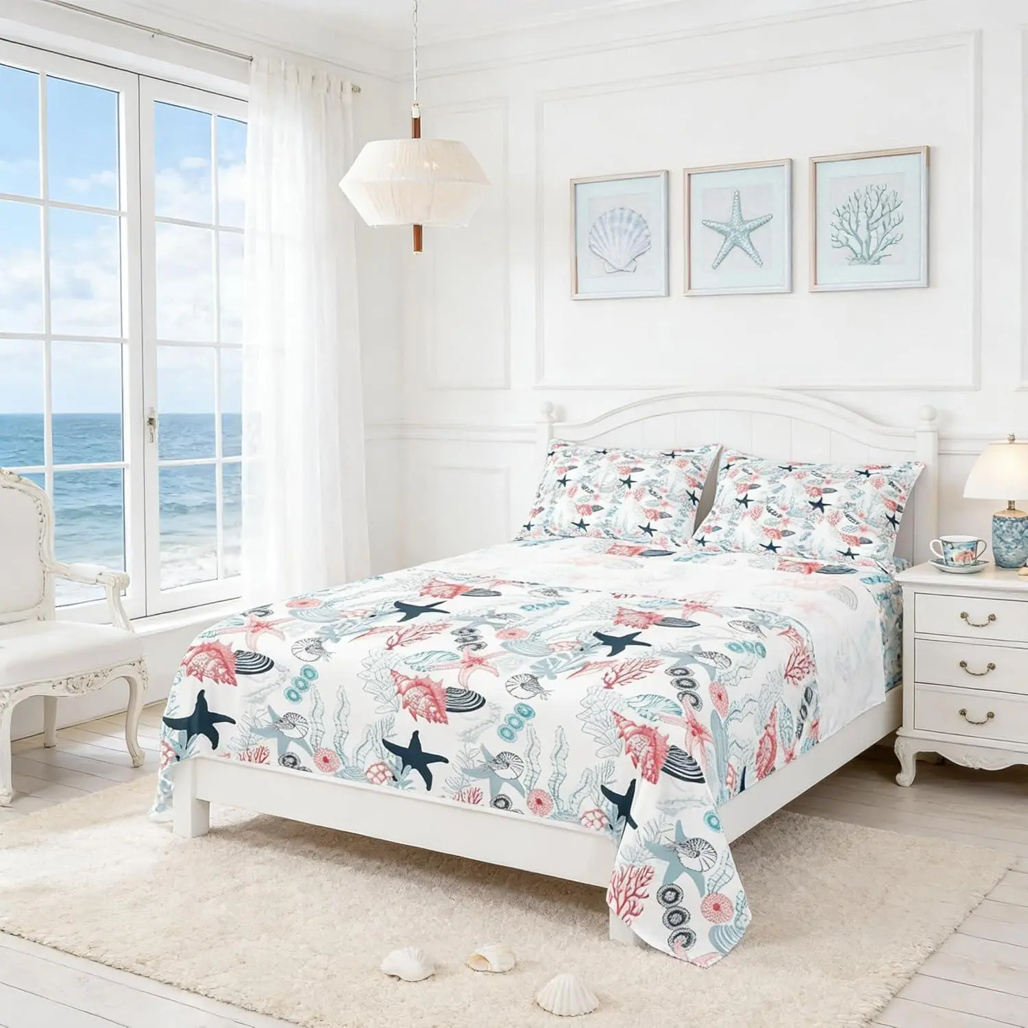 Ocean Beach Sheet Set,Seashell Conch Seahorse Starfish Coral Bed Sheet Sea Coastal Bedding Set Woman Room Decor Pink Blue White Fitted + Flat Sheet