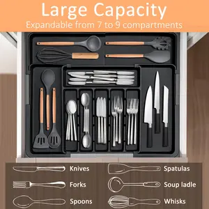 Mother's Day Gift Silverware Organizer, Expandable Kitchen Utensil Drawer, 9 Compartments, Large Cutlery Tray, 13"-22"w, 14.5"-19"l, Kitchen Organizers
