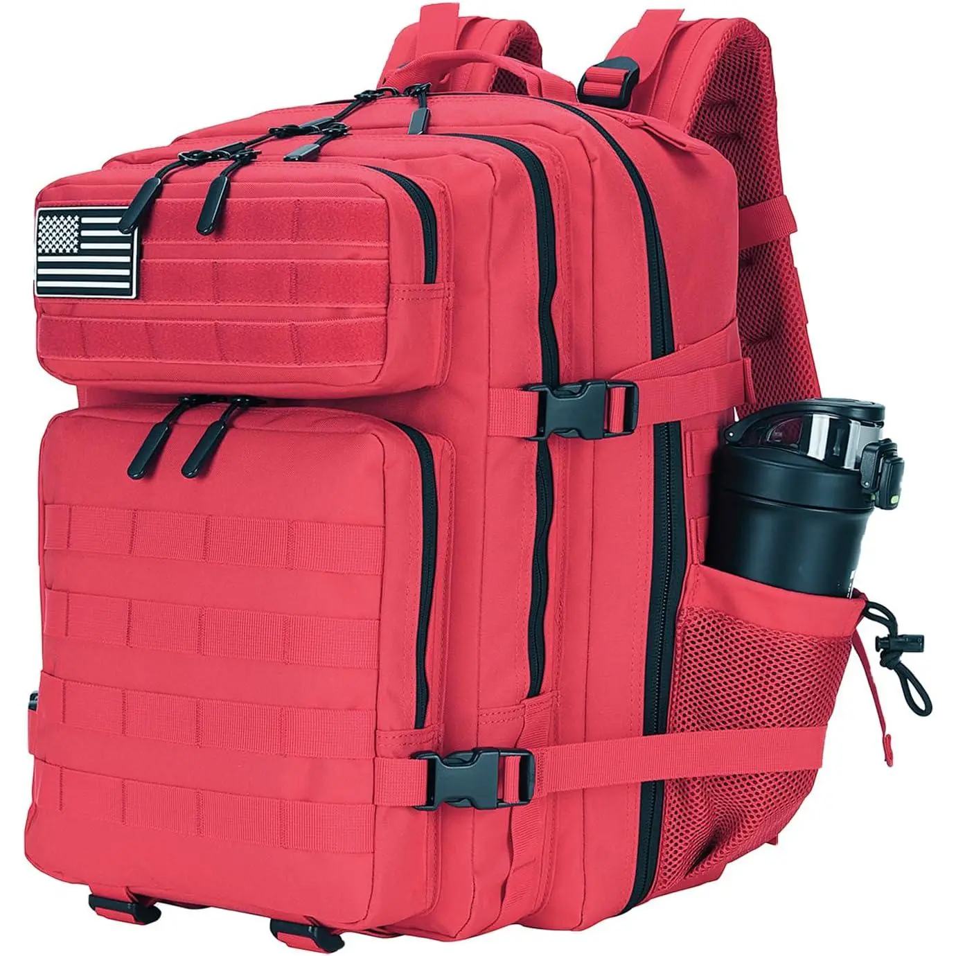 25L Tactical Molle Multi Pocket Backpack for Adults - Red Polyester-Nylon Minimalist Lightweight Breathable Bag with Hydration Compartment, Port, Anti-Theft Zipper Pockets, Adjustable Straps, Buckle for Hiking, Travel, Work, Sports