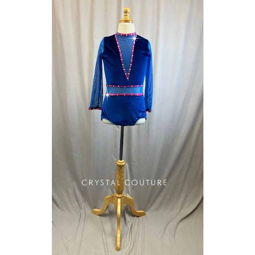 Custom Royal Blue and Fushia Velour and Mesh Long Sleeve Leotard -Rhinestones