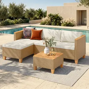 【1/2 Packages Shipping】Phivilla 3/6 Seats Outdoor Patio Rattan Furniture Sofa Set with Acacia Wood Coffee Table, Thick Cushions Sofa Set for Balcony, Porch & Patio, SummerVibes