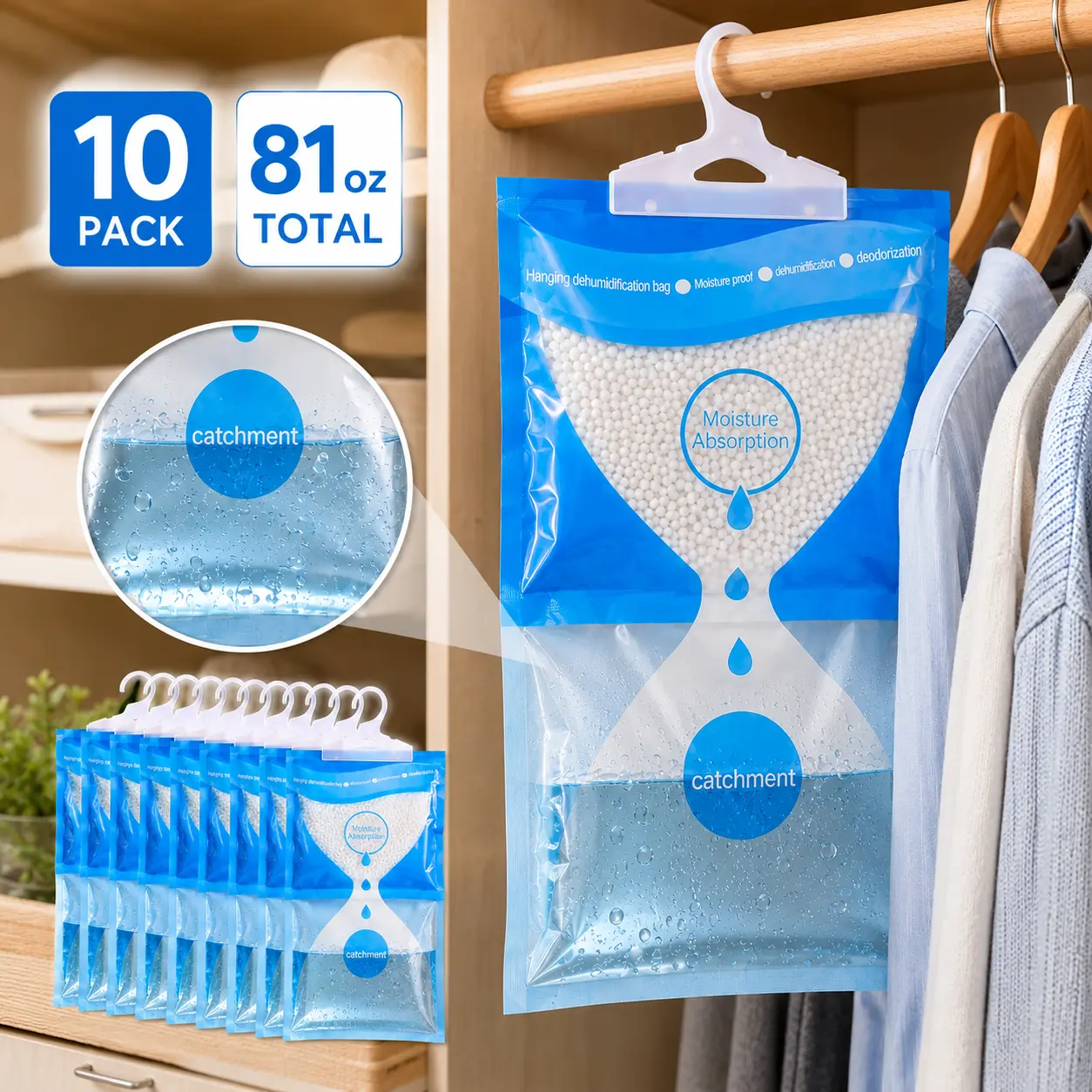 Hanging Moisture Absorber Bags, 10-Pack 81oz Dampproof Home Supplies with Absorbent Beads for Closets/Bathrooms Small Spaces (Mold & Damp Proofing Solutions), Humidity Control