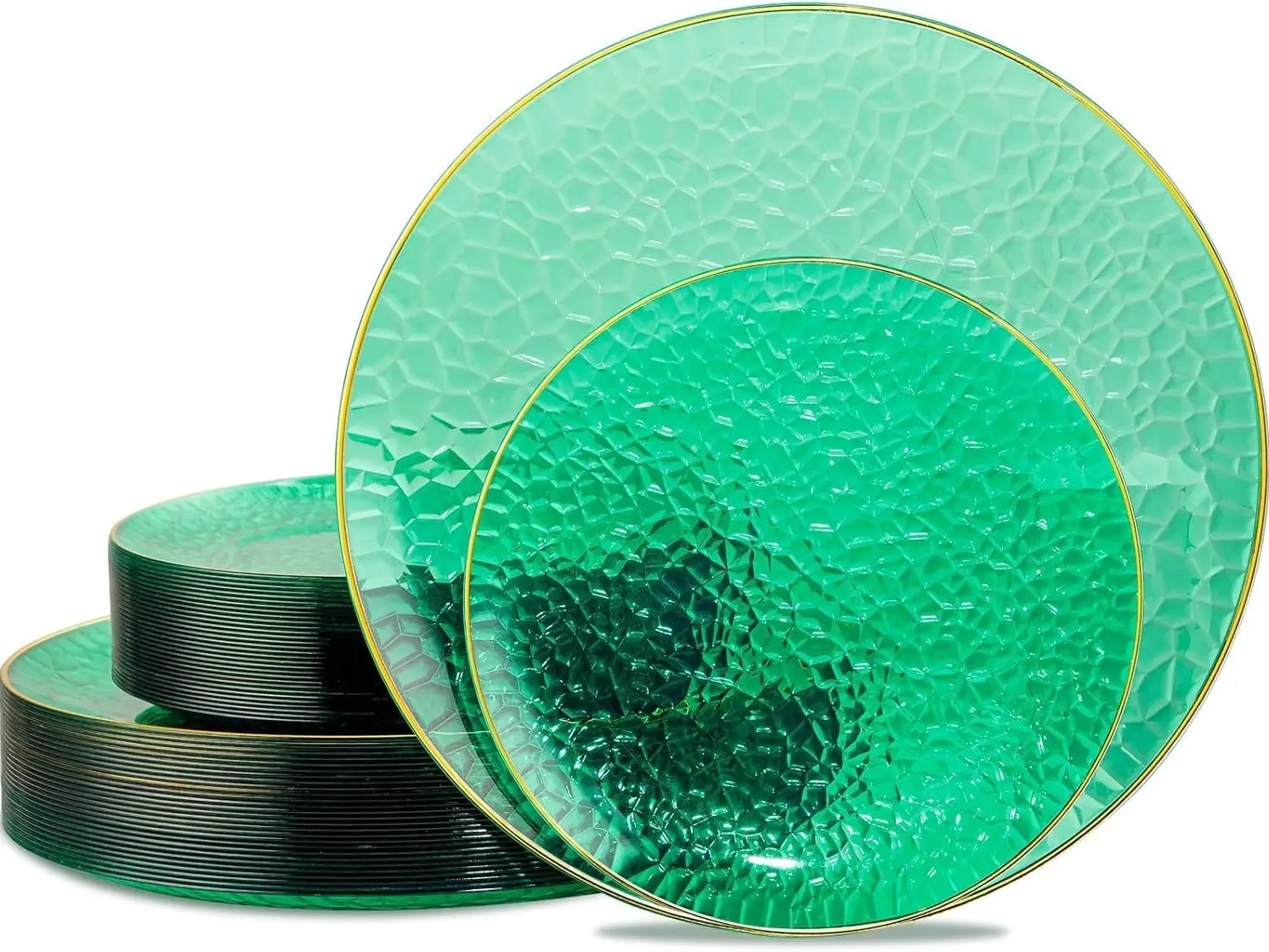 60 Pcs Green Gold Rimmed Hammered Dinnerware Set. Includes 10.25" Dinner & 7.5" Dessert Plates for 30 Guests.