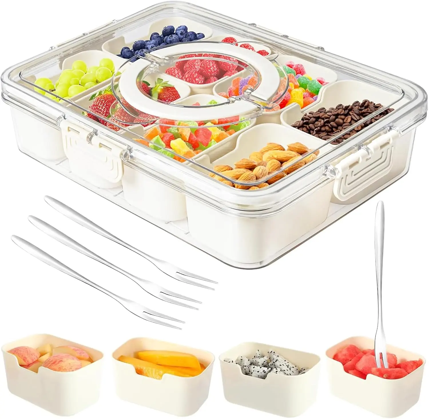 Airtight Food-Safe Square Box Divided Food Container with 8 Dividers, Rotating Center Lid, Leak-Proof Seal, Portable Plastic Containers Organizer for Kids Meal Prep & Travel, Airtight Food Containers