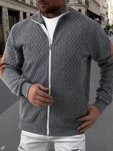 Men's Spring Summer Knit Jacket, New Fashion Standing Collar Top, Versatile Casual Fitted Thick Outerwear, Trendy Men's Clothing